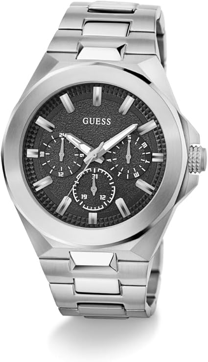 Guess GW0798G1 multifunction chronograph watch at angle showing stainless steel case and bracelet