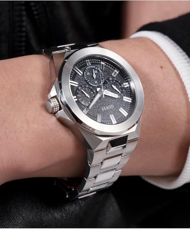 Guess GW0798G1 multifunction chronograph watch on wrist with stainless steel bracelet