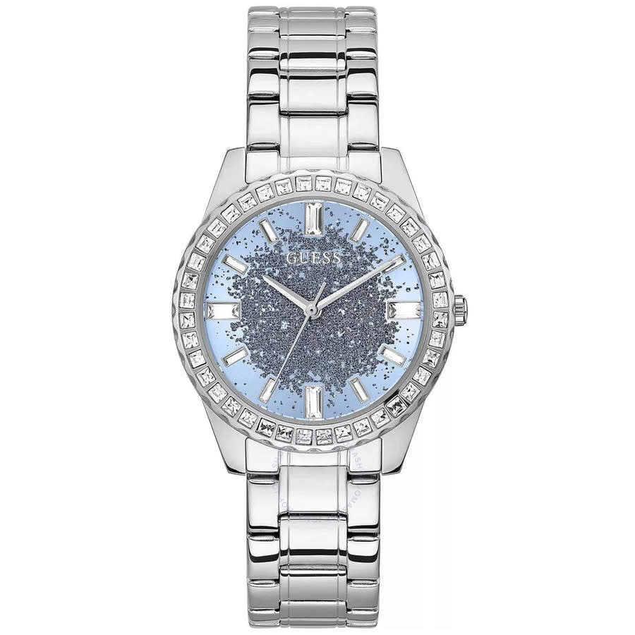 Guess Glitter Burst quartz ladies watch with blue glitter dial, crystal bezel, and stainless steel bracelet