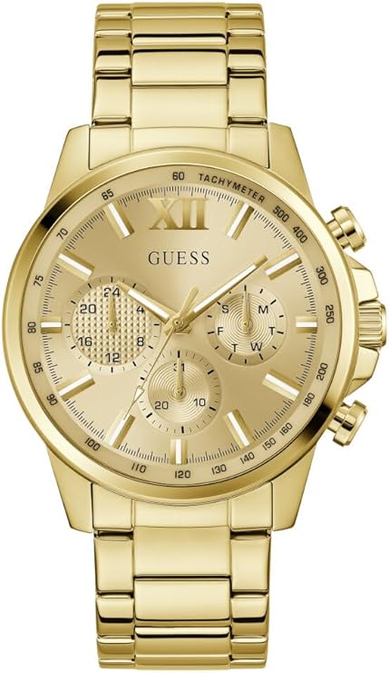 GUESS gold tone men's chronograph watch with cream dial and Roman numerals