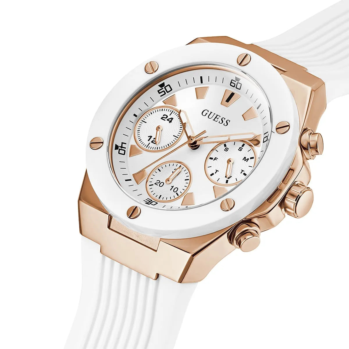 GUESS GW0030L3 women's chronograph watch on angle with white strap detail