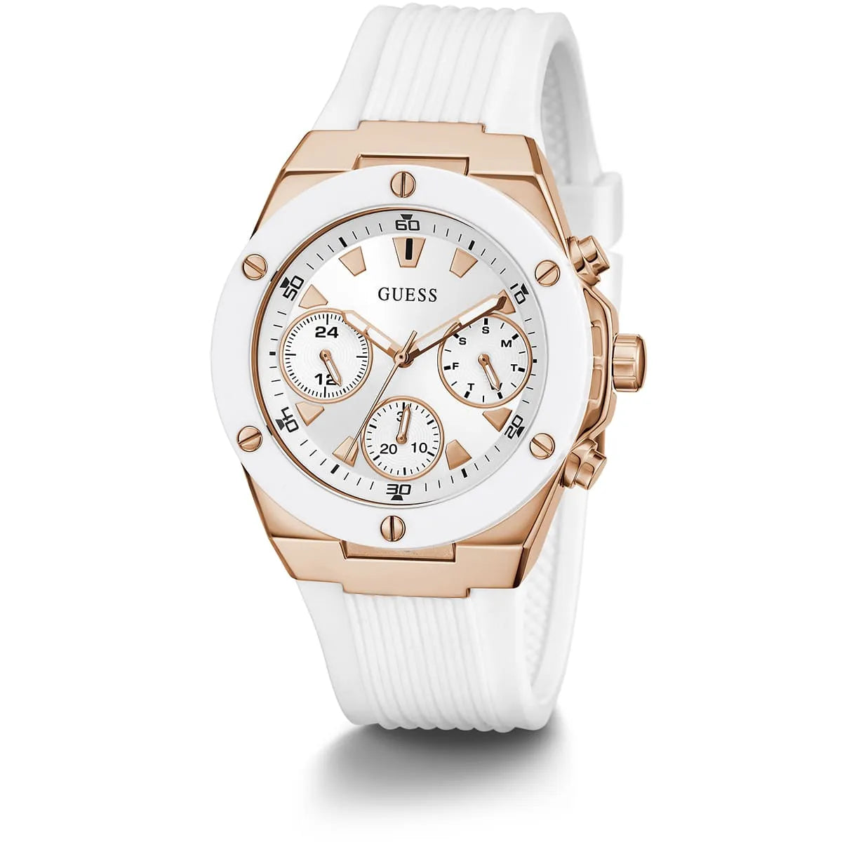 GUESS GW0030L3 chronograph watch angled view showing white rubber strap