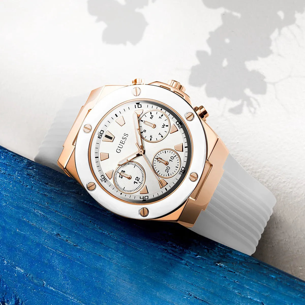 GUESS GW0030L3 women's chronograph watch worn on wrist