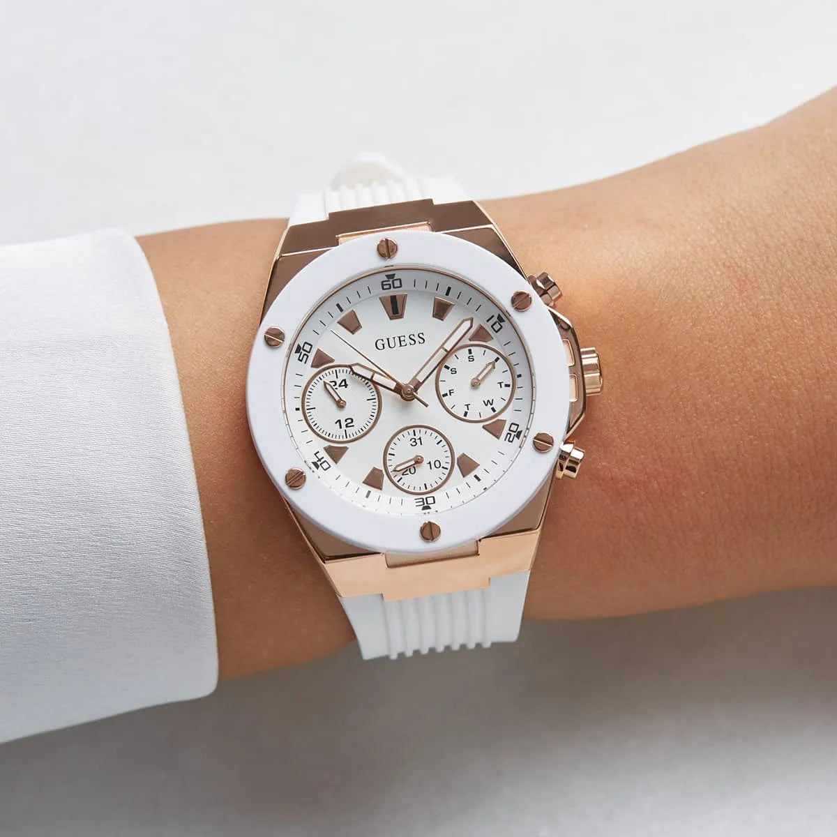 GUESS GW0030L3 women's watch on wrist with white strap