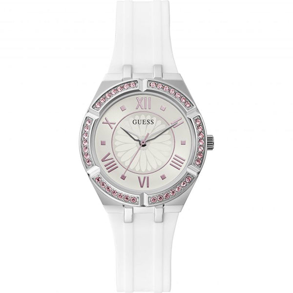 Guess Sparkling Pink Silicone Women's Watch with crystal bezel and Roman numerals