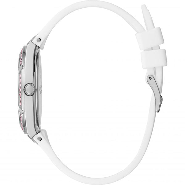 Guess women's watch side view showing white silicone strap and silver case