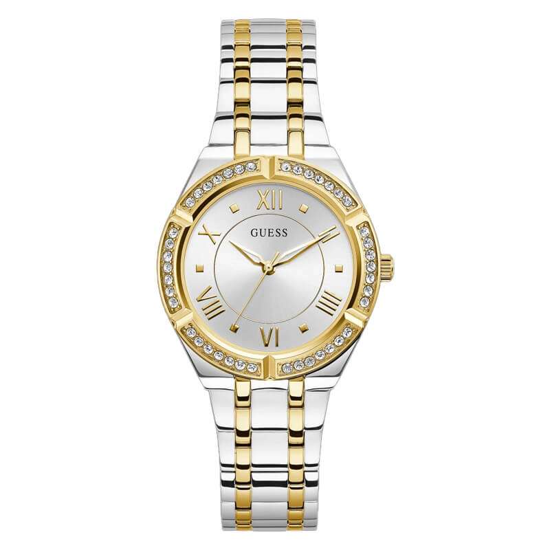 GUESS GW0033L4 TRI GLITTER women's watch with two-tone silver and gold bracelet and crystal-embellished bezel