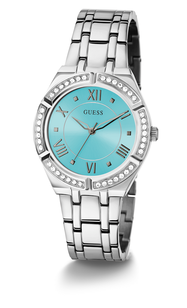 Guess silver-tone women's watch with turquoise blue dial and crystal-set bezel