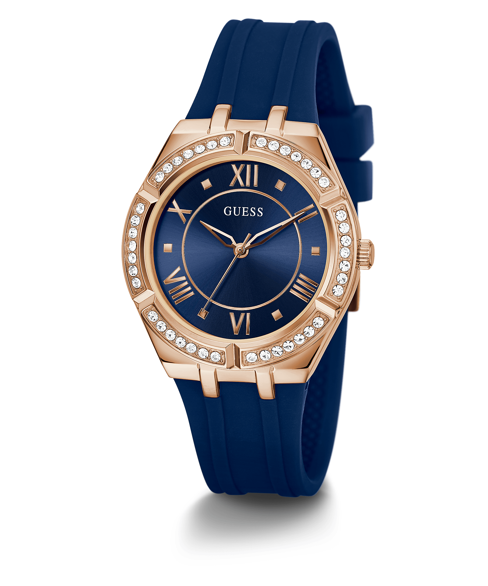 Rose gold women's watch with navy blue dial, crystal bezel, and blue silicone strap