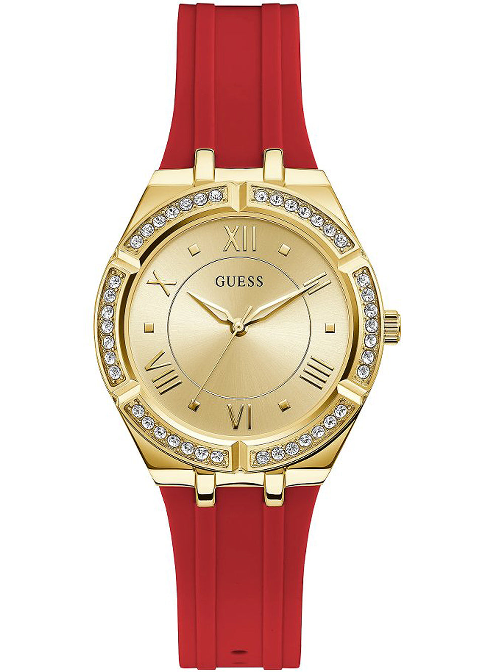 Guess crystal-accented gold tone watch with red silicone strap and Roman numeral dial
