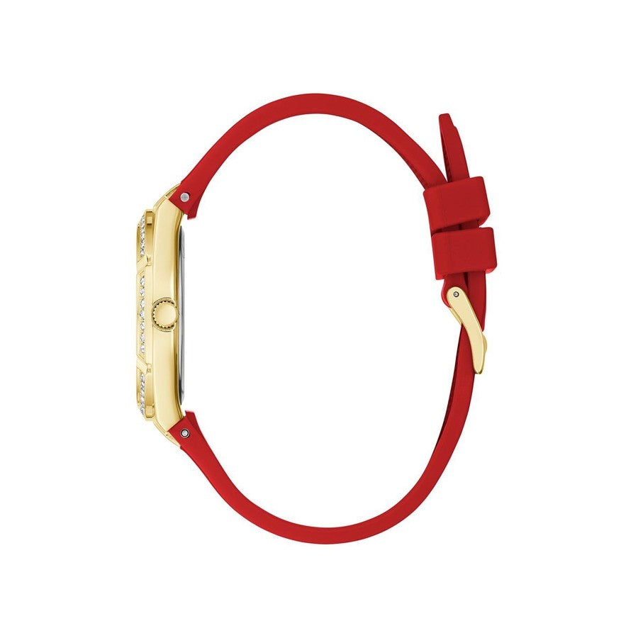 Side view of Guess watch showing gold case profile and red rubber strap