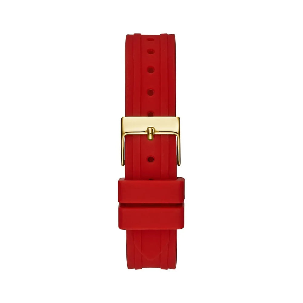 Red silicone watch strap with gold-tone buckle and adjustment holes