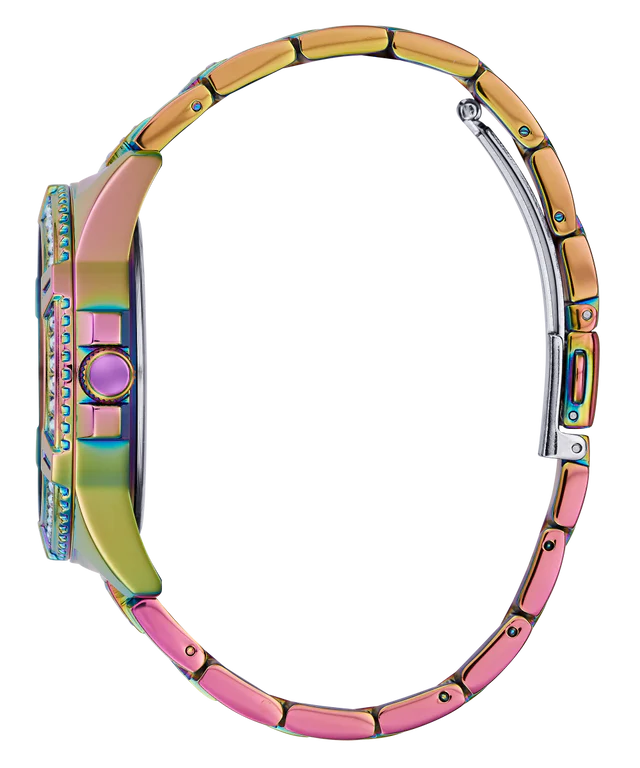 GUESS GW0044L1 bracelet and side profile showing crystal-encrusted links and case details