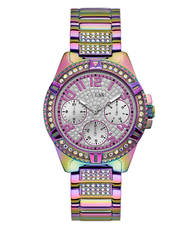 GUESS GW0044L1 iridescent ladies chronograph watch with pink dial and rainbow bracelet