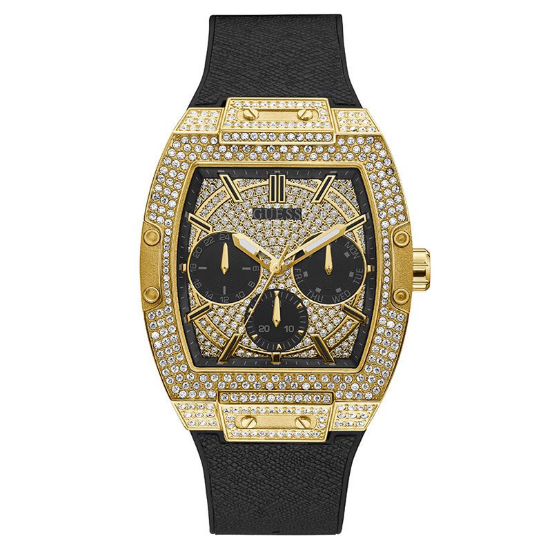 GUESS black and gold tone chronograph mens watch with crystal-set case and black strap