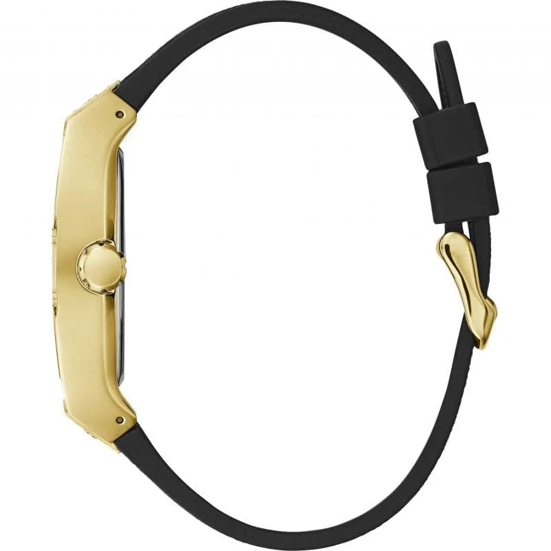 GUESS mens watch side profile displaying gold tone case, black leather strap, and crown detail