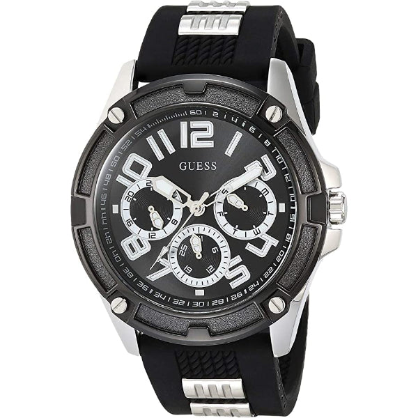 Guess silver-tone and black chronograph men's watch with black silicone strap