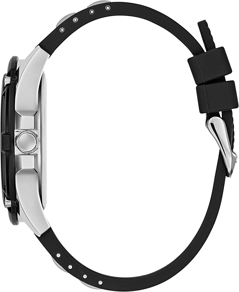Side profile of Guess men's watch showing silver-tone case and black silicone strap