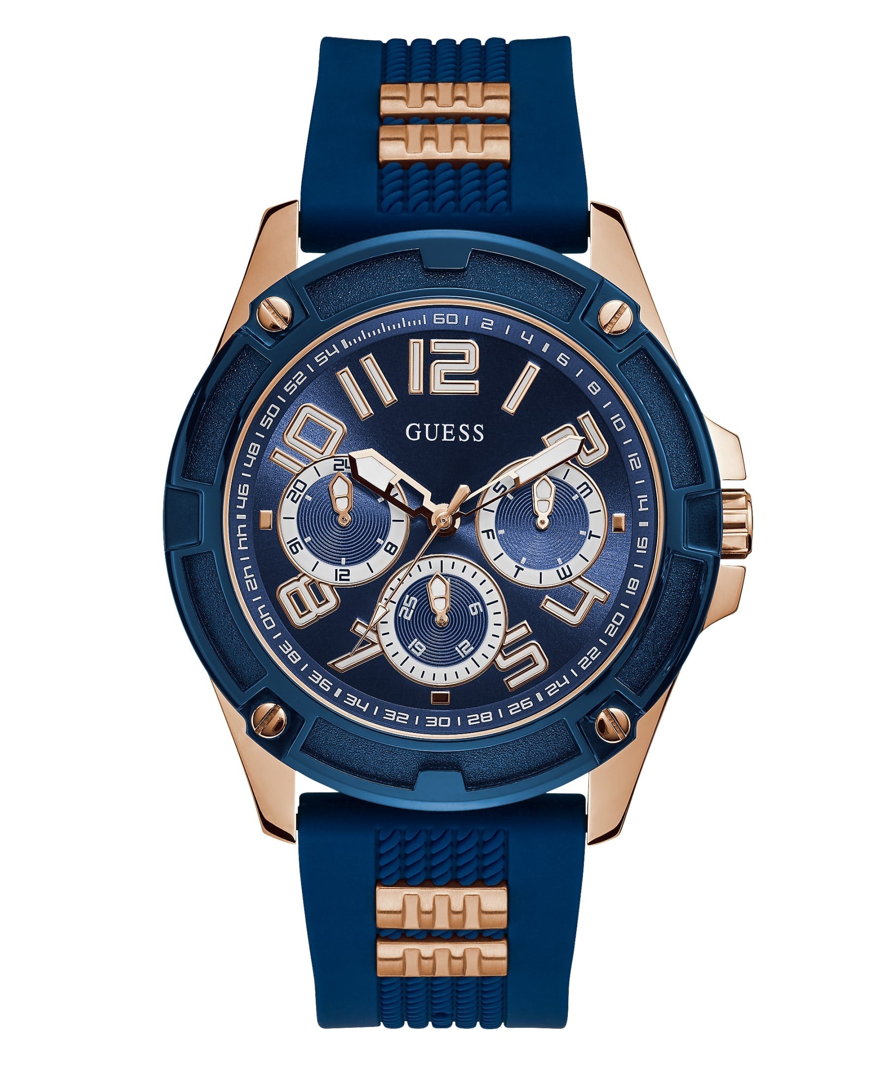 Guess two-tone blue silicone men's chronograph watch with rose gold case and multi-subdial dial