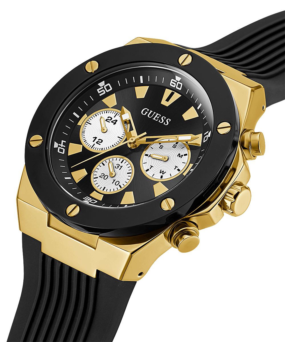 Guess gold chronograph watch angled view showing black dial and gold-tone case