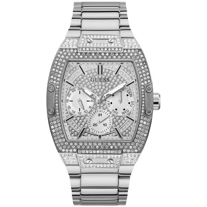 GUESS GW0094G1 silver stainless steel quartz watch with crystal-embellished tonneau case and dial