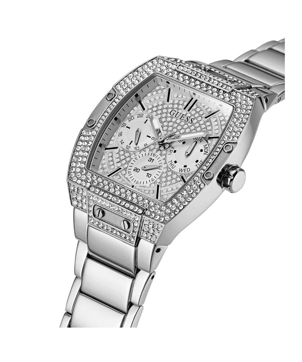 GUESS GW0094G1 watch angle view showing tonneau case with crystal bezel and stainless steel strap