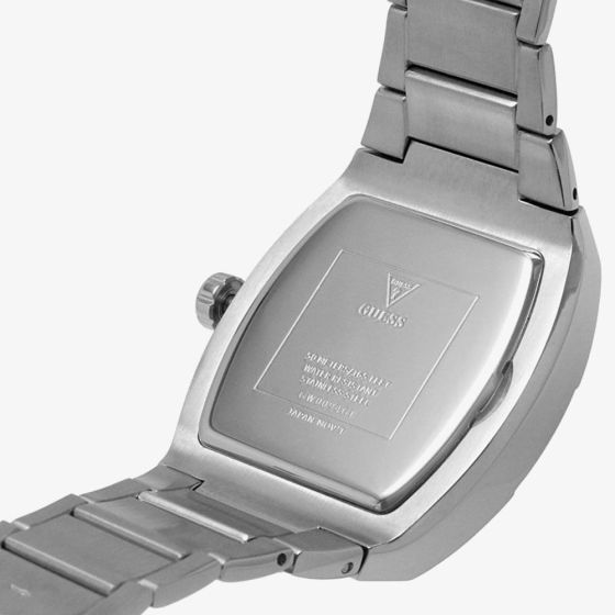 GUESS GW0094G1 stainless steel caseback with engraved GUESS logo and watch specifications