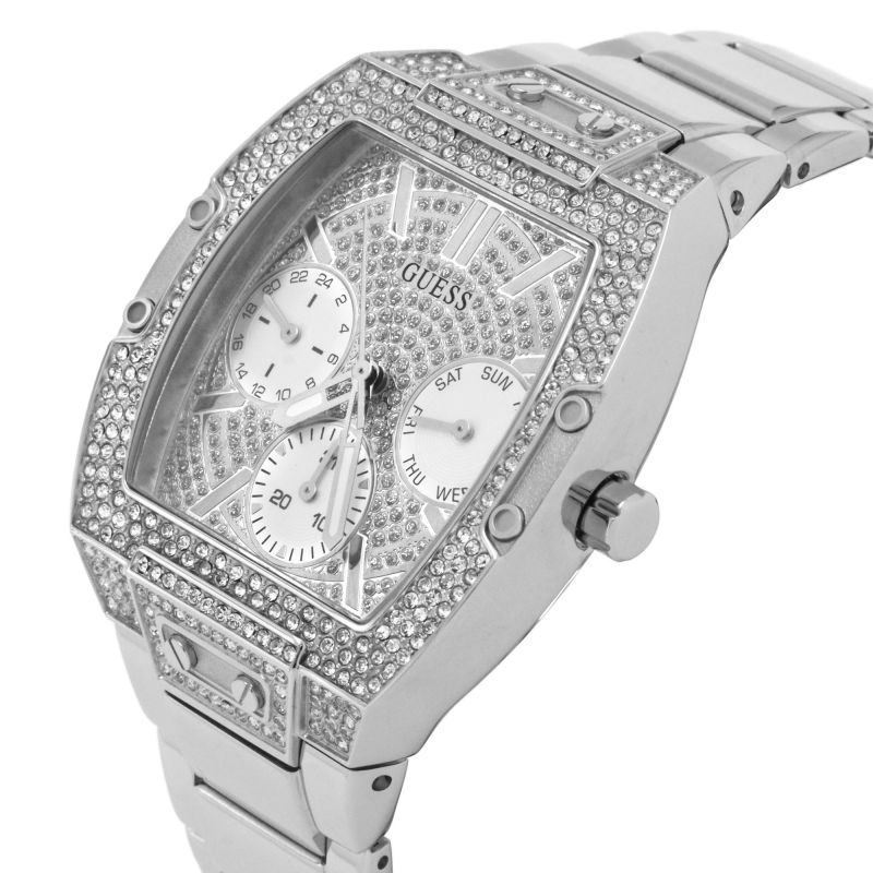 Side angle view of Guess GW0104L1 watch showing crystal-embellished case and subdials