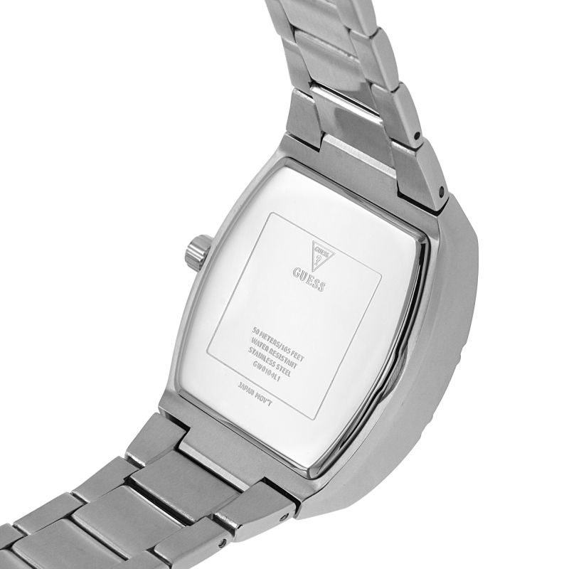 Caseback of Guess GW0104L1 watch with engraved branding and specifications
