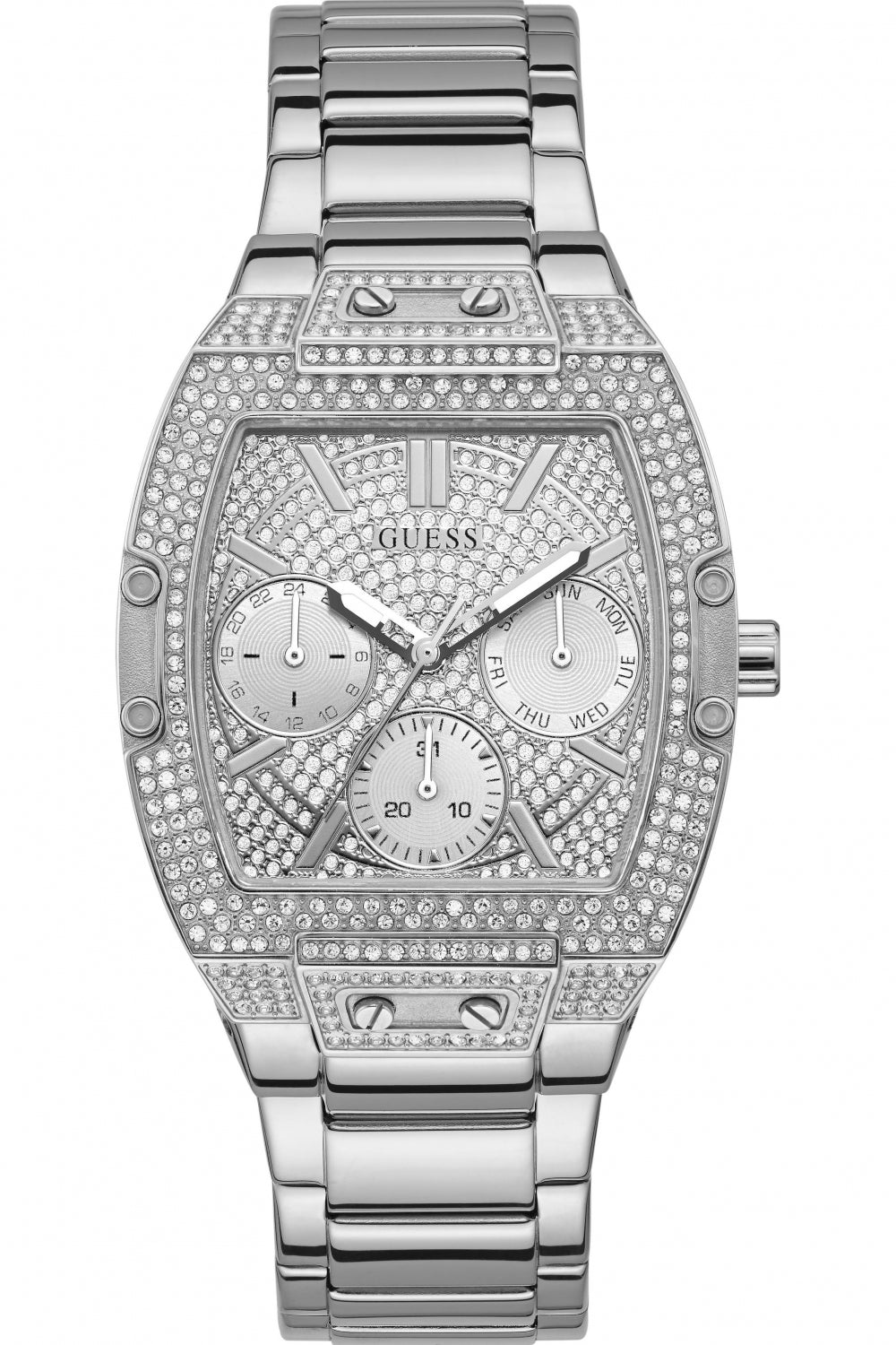 Guess silver pave dial women's chronograph watch with crystal-set bezel and bracelet