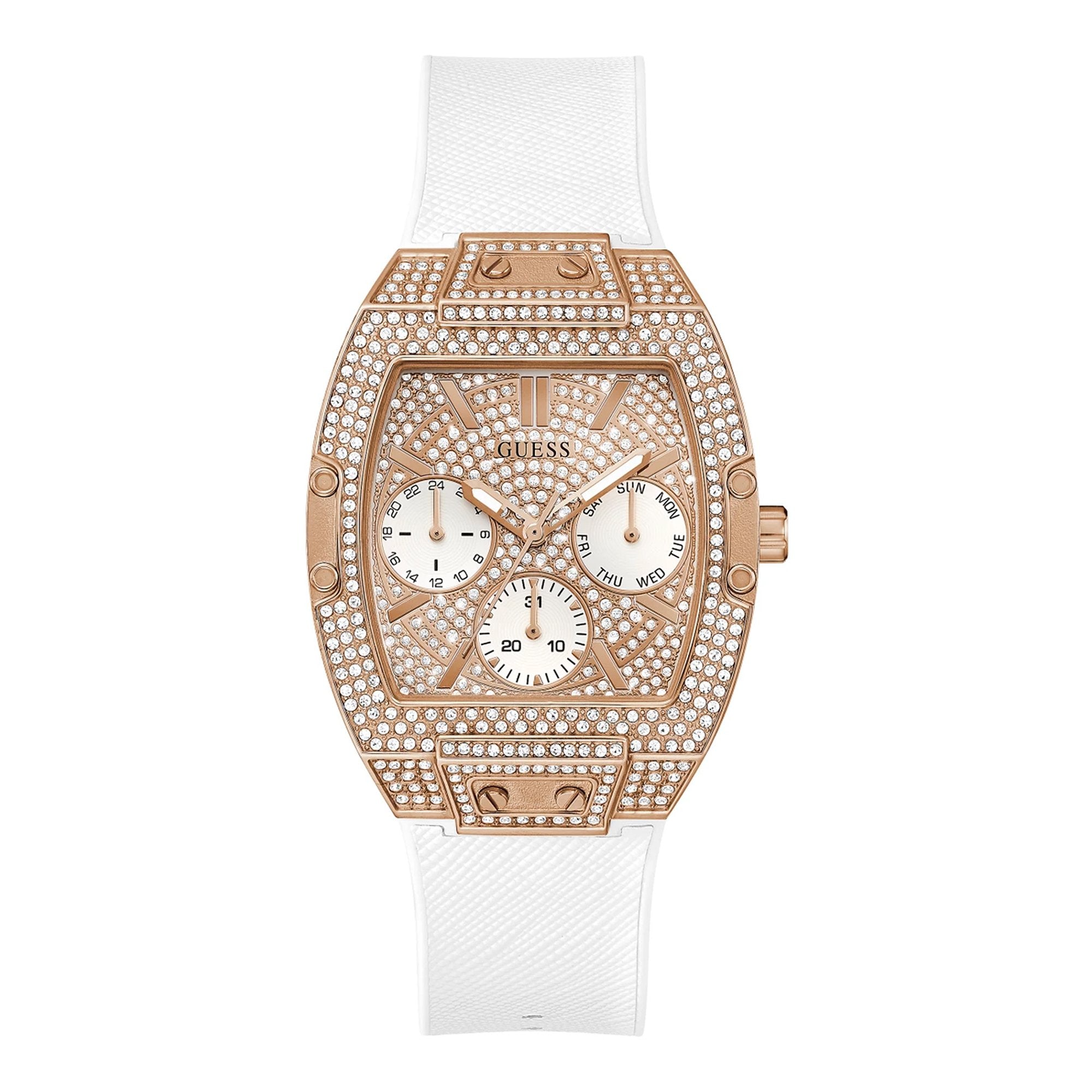 Guess rose gold women's watch with crystal-adorned tonneau case, three subdials, and white silicone strap