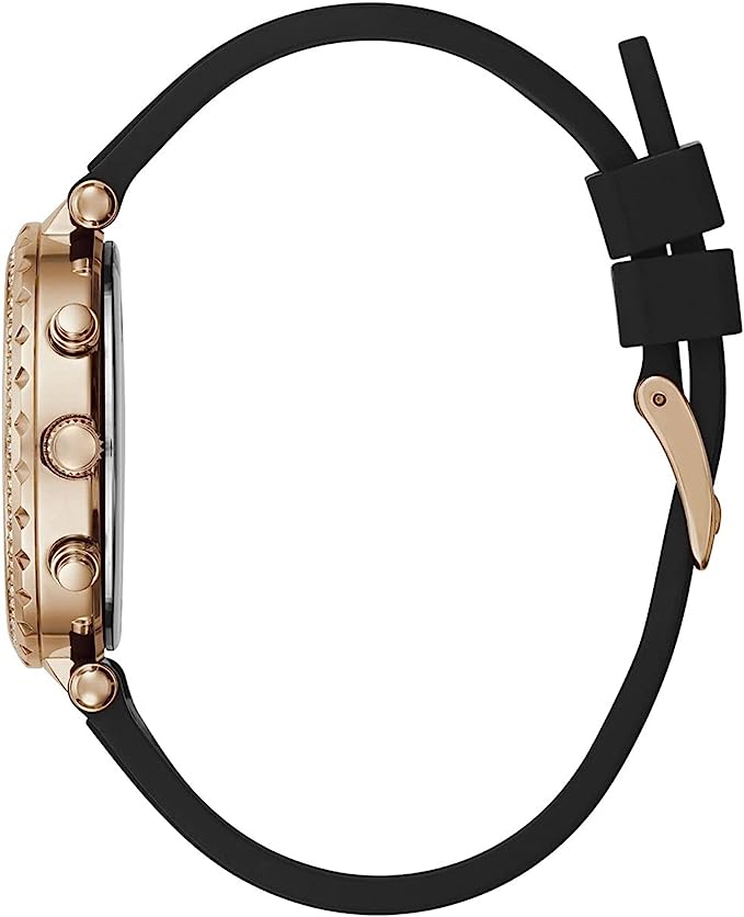 Side view of Guess watch showing rose gold case and black silicone strap