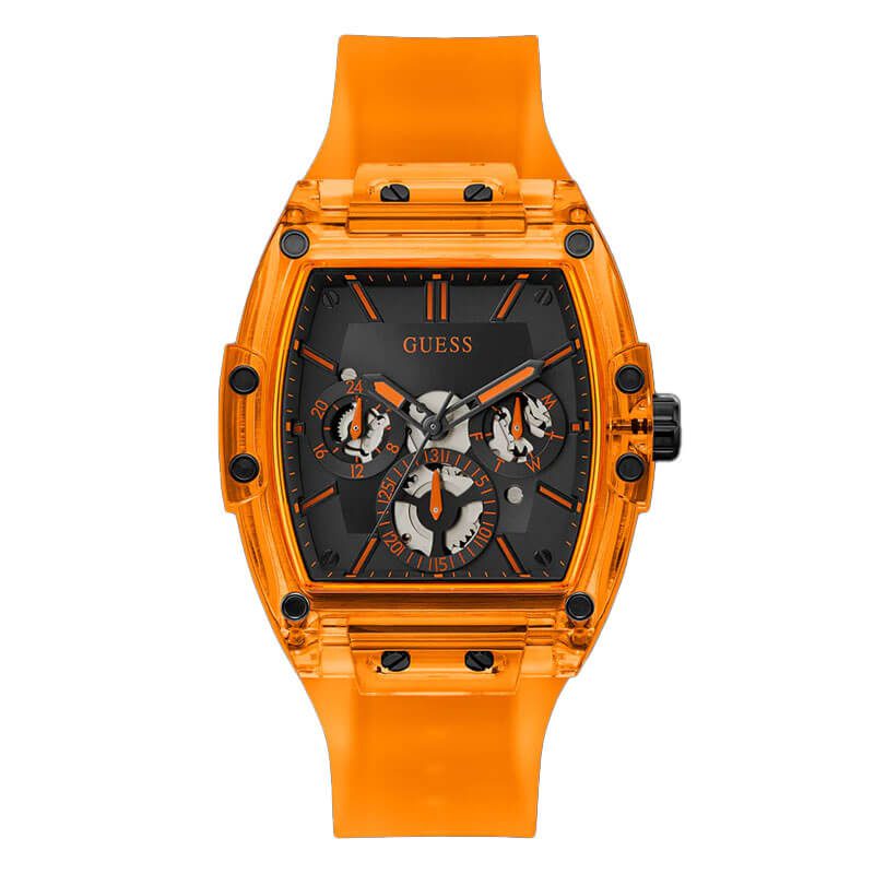 GUESS GW0203G1 transparent orange resin watch with black dial and multi-function chronograph