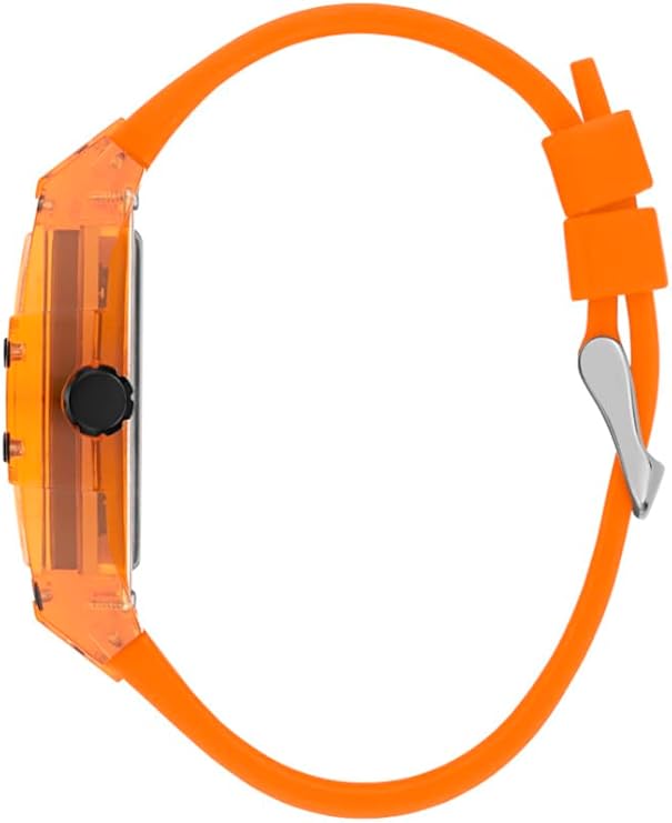 Side profile of GUESS GW0203G1 transparent orange case with orange rubber strap