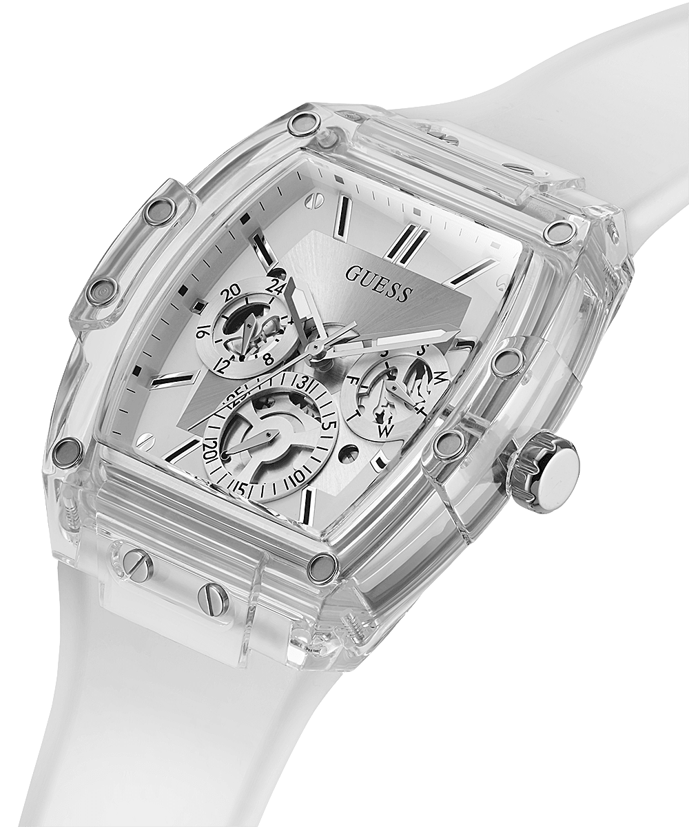 Side angle view of transparent Guess watch with clear case, white strap, and visible multi-function dial