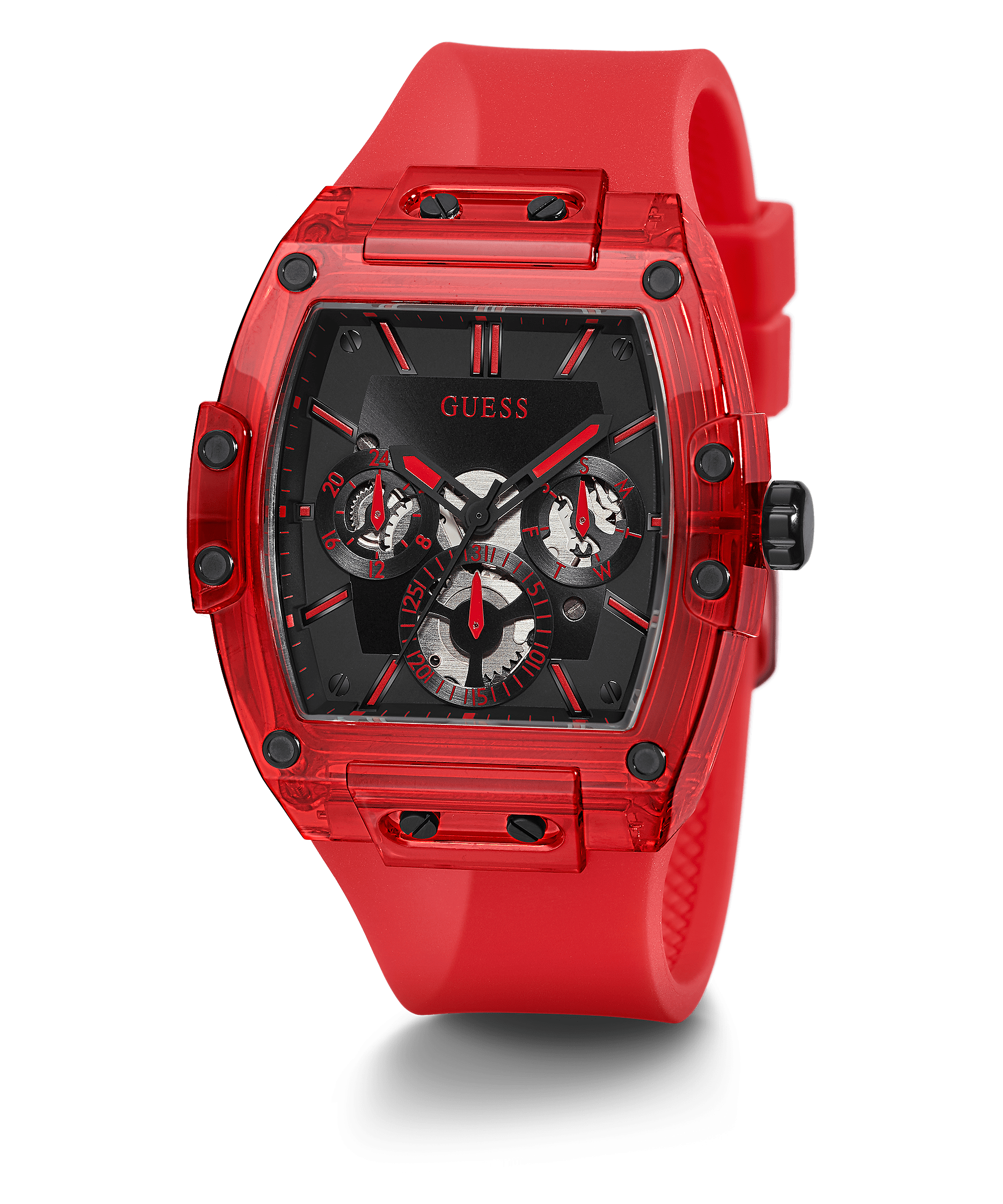 Guess red silicone men's watch with chronograph dial and square case, front angle view