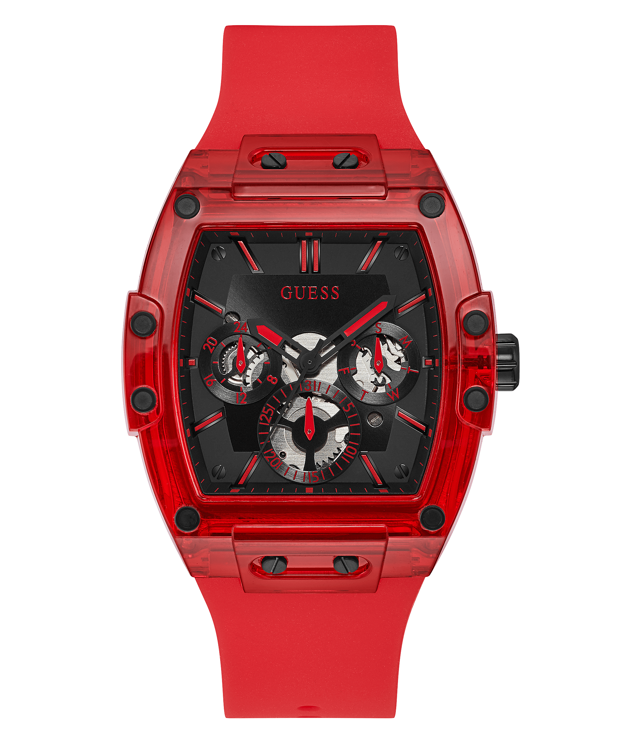 Guess red case men's watch with black chronograph dial and red silicone strap, front view