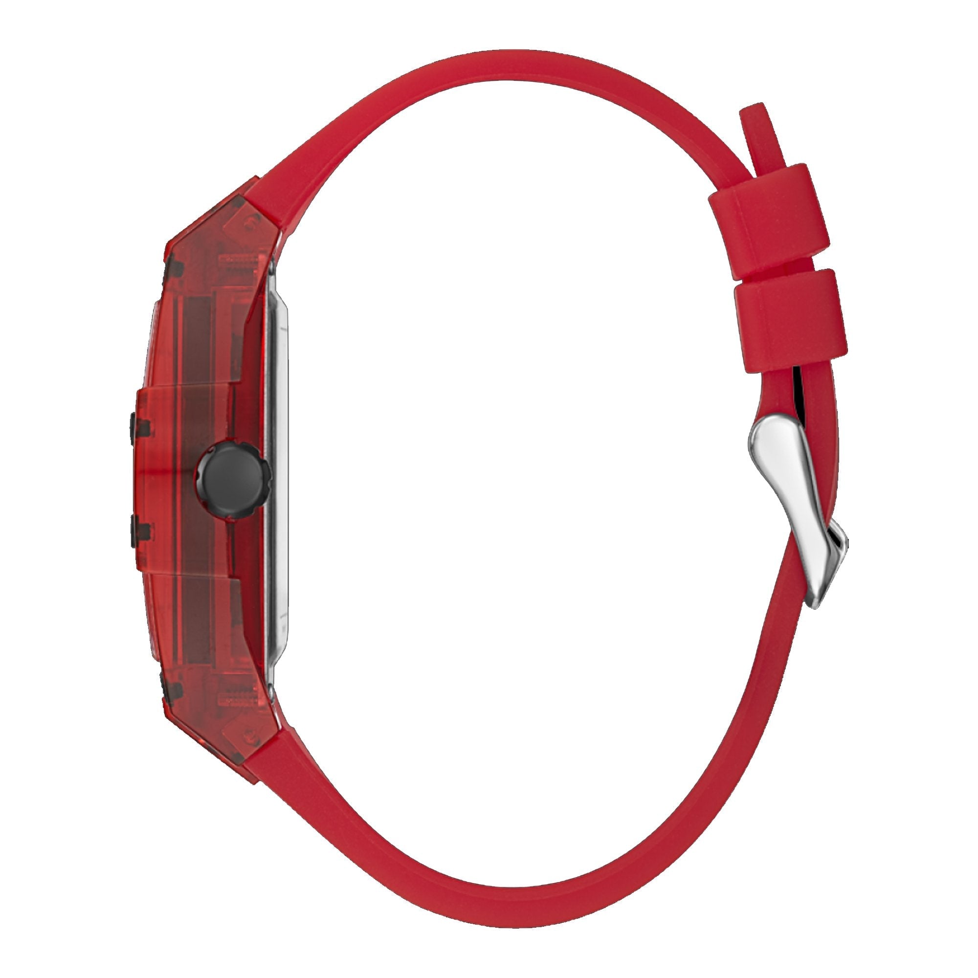 Red silicone strap with buckle closure on Guess GW0203G5 men's watch, side view