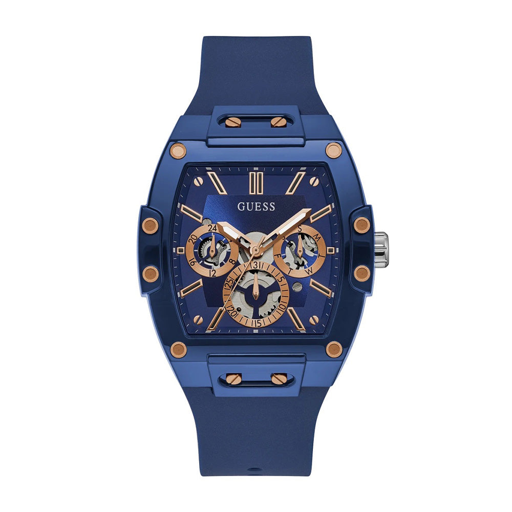 Guess skeleton dial men's watch with blue case, rose-gold subdials, and blue silicone strap