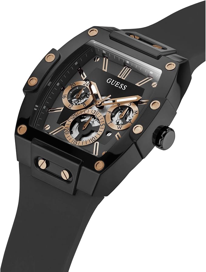 GUESS GW0203G8 angled view showing black case, rose gold subdials, and chronograph dial