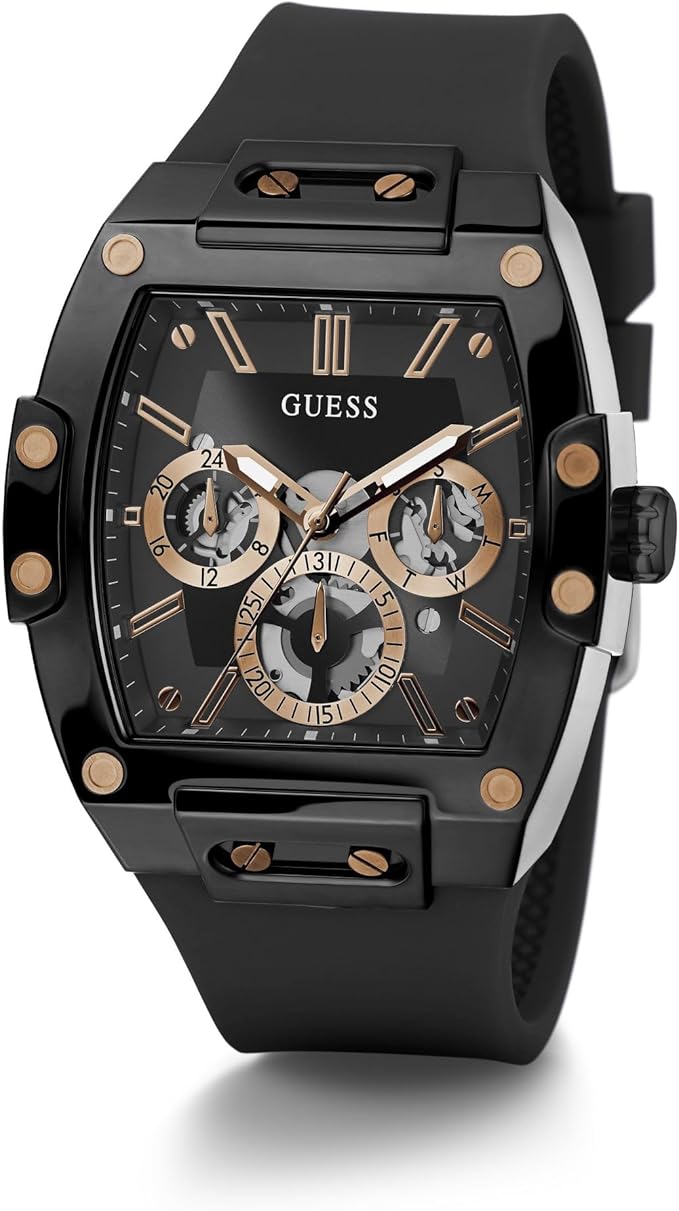 GUESS GW0203G8 black multi-function mens watch front view with tonneau case design