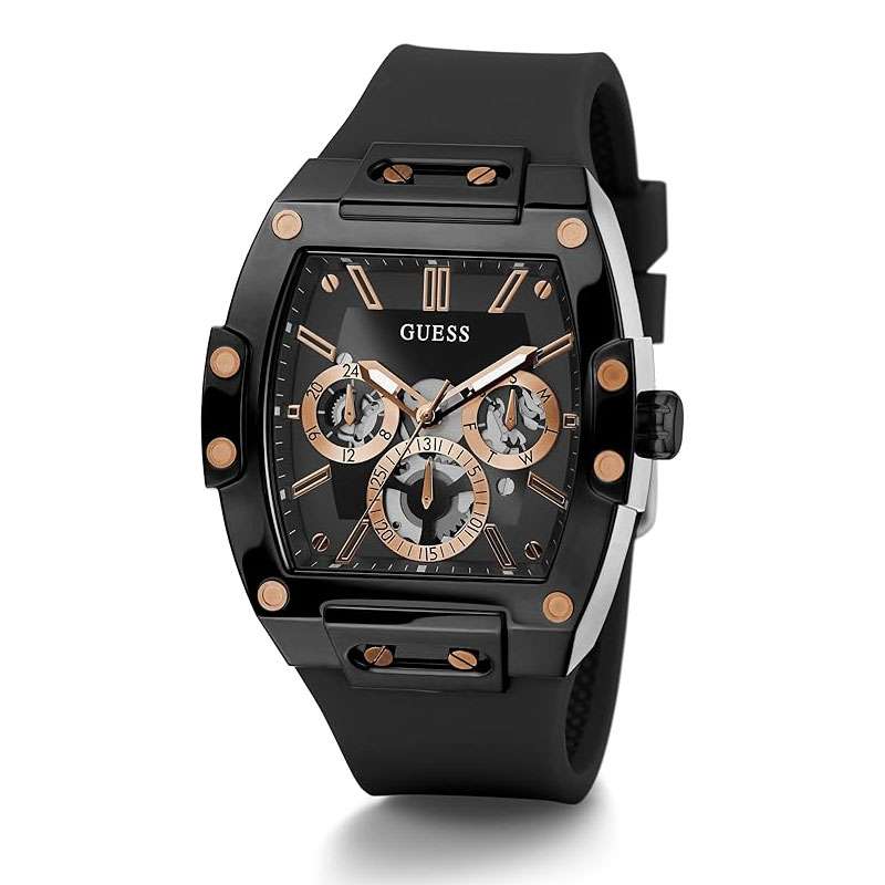GUESS GW0203G8 black multi-function mens watch with rose gold chronograph subdials and rubber strap