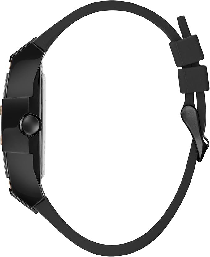 GUESS GW0203G8 watch side view displaying black tonneau case and rubber strap