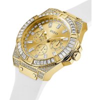 Gold baguette crystal Guess watch with white strap angled view