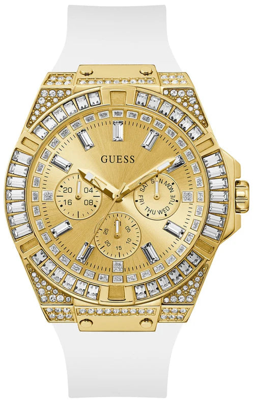 Gold-tone Guess watch with baguette crystal bezel and chronograph subdials