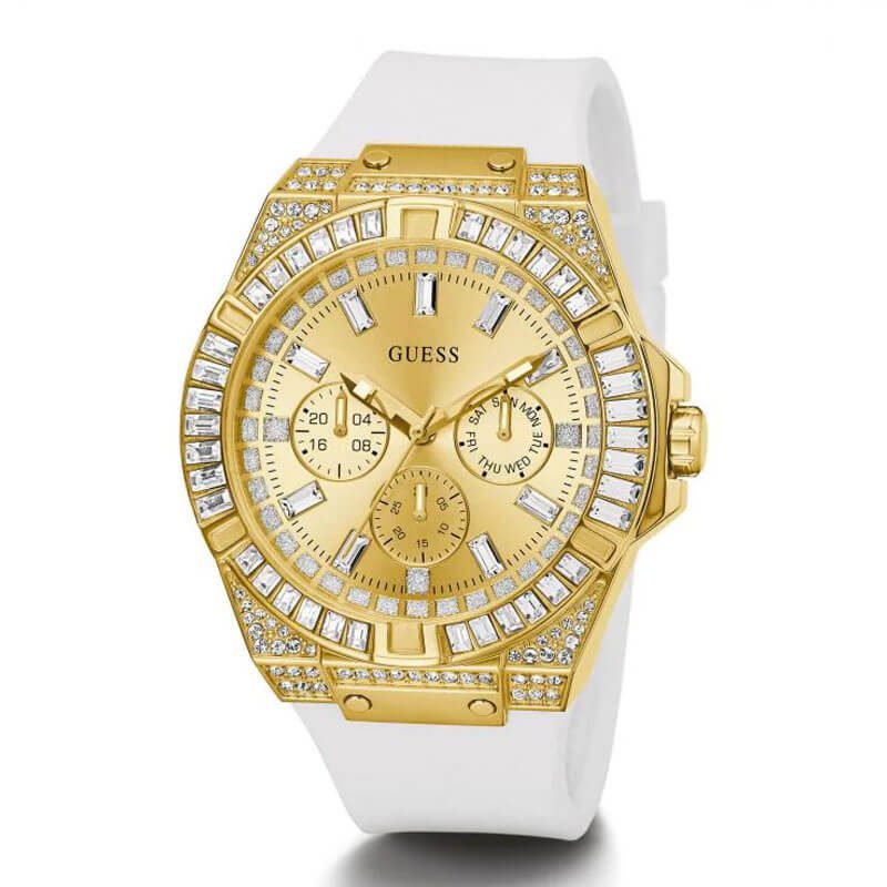 Guess Baguette Crystals Gold Dial Men Watch with white rubber strap