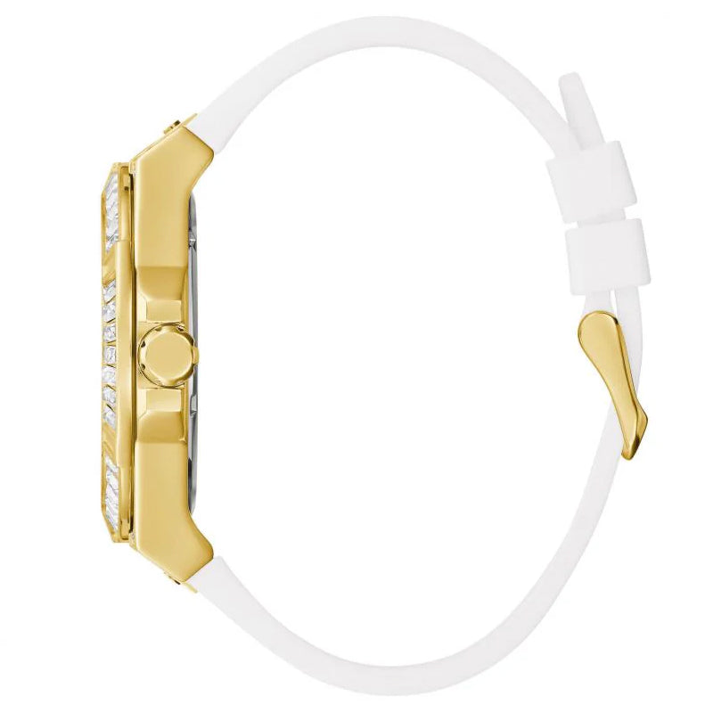 Guess GW0208G3 watch side view showing gold case and white rubber strap