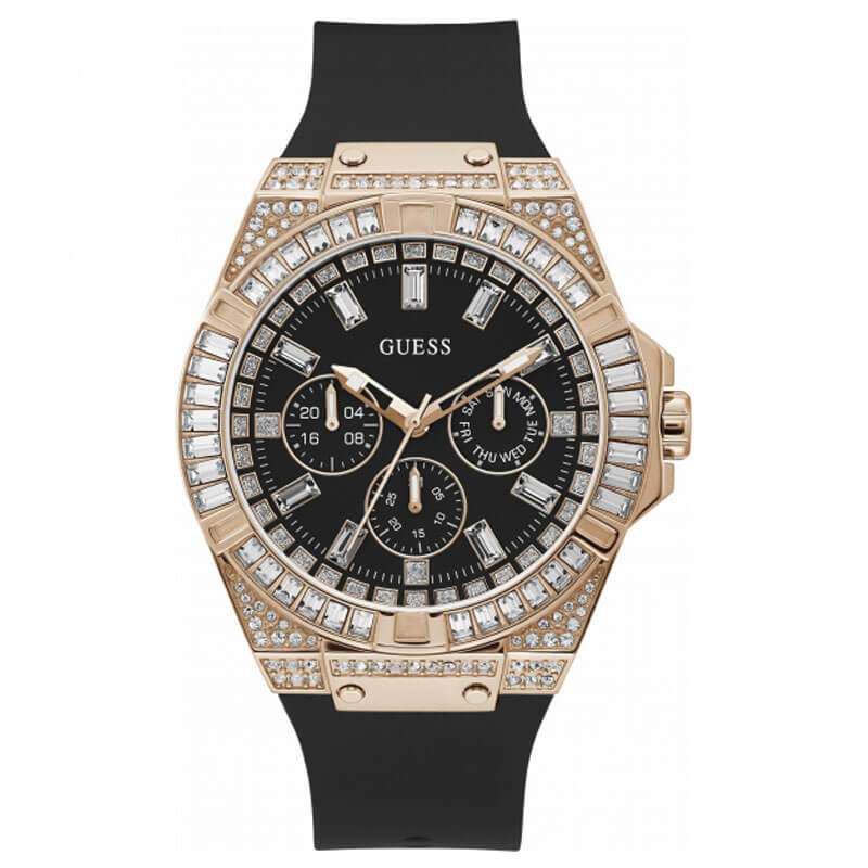 Guess GW0208G4 men's watch with gold-tone crystal-set case, black dial, chronograph subdials, and black silicone strap
