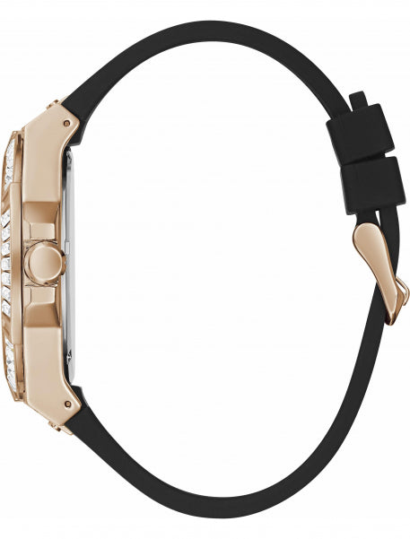 Guess GW0208G4 side profile showing gold-tone case thickness and black silicone strap