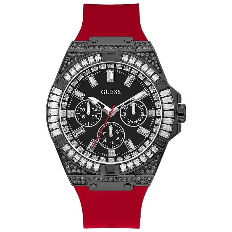 Guess black 47mm case watch with black dial, crystal-set bezel, multifunction subdials, and red silicone strap